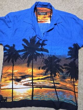 Favant Mens Large Hawaiian Shirt Blue Sunset Palm Tree Border Aloha